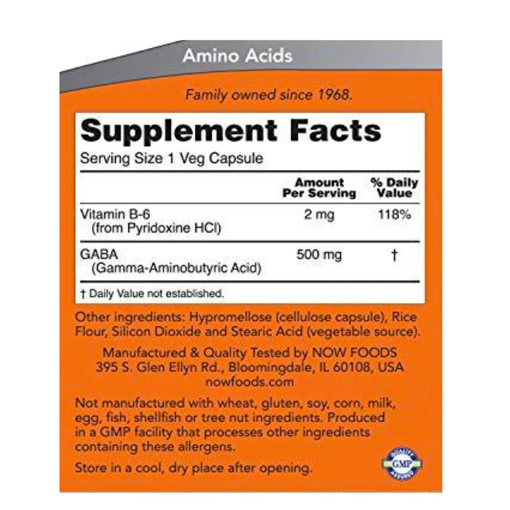 NOW Foods | GABA 500 mg with B6 (200 Vcaps) - Image 3